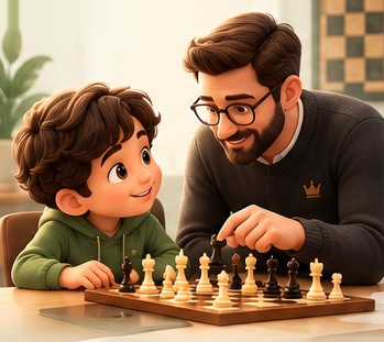 A coach and child playing chess at an academy center table
