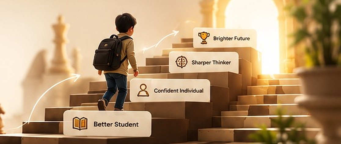 A child with a backpack climbing steps labelled Better Student, Confident Individual, Sharper Thinker and Brighter Future